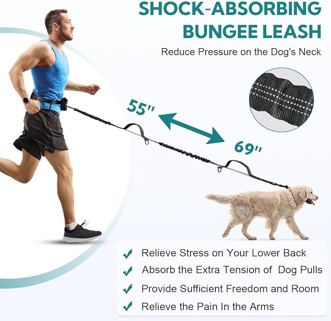 Hands Free Dog Leash with Pouch, Retractable Bungee, Double Padded Handles for Walking, Waist Leash for Medium & Large Dogs, Walking Accessories