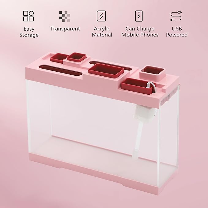 Modern Acrylic Betta Fish Tank Aquarium Kit with LED Lighting and USB Charging Ports 20 Gallon Small Fish Tank for Home Office Decor, Ideal for Living Rooms, bedrooms (Pink)