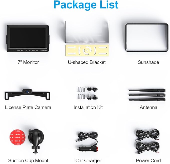 Fookoo HD 1080P 7-inch Wireless Backup Camera, 7" Split Screen Monitor + Rear View Licence Plate Camera, DIY Guide Lines Wide Angle IP69 Waterproof Easy to Install for Car Pickup Van SUV - DW7CT