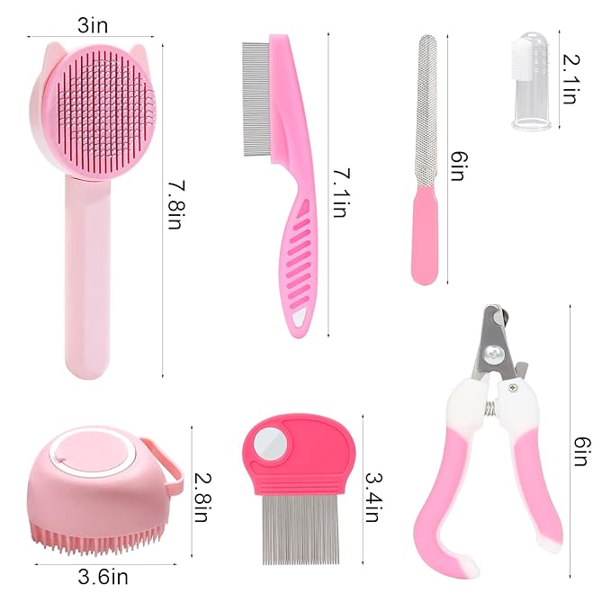 VCZONE 8 Pcs Cat Brush Grooming Kits, Pet Self Cleaning Kit with Pet Nail Clipper and File, Flea Comb, Pet Shampoo Bath Brush, Pet Shedding Brush, Silicone Toothbrush (Pink)