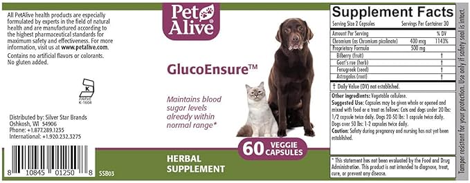 PetAlive GlucoEnsure - All Natural Herbal Supplement for Maintaining Blood Sugar (Glucose) Levels Already in The Normal Range in Pets