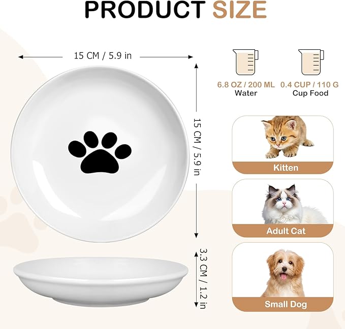 TRUVIC 4 Pack Ceramic Cat Food Bowls, 5.9 Inch Ceramic Cat Dishes Set for Indoor Cats and Small Dogs, Anti Whisker Fatigue Kitten Bowls, Wide Shallow Kitten Plates for Food and Water (Cat's Paw)