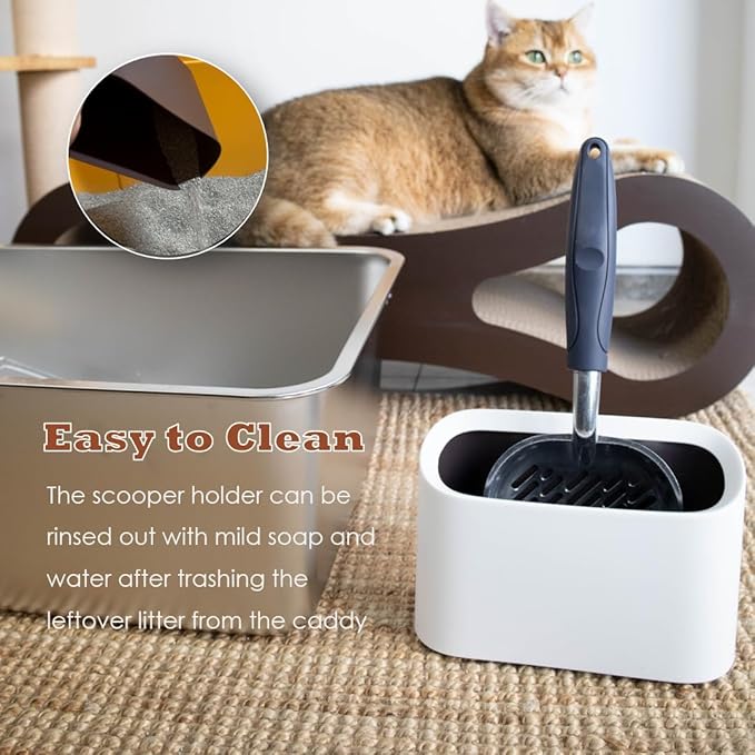 Heavy-Duty Metal Cat Litter Scoop with Holder, Aluminum Cats Litter Scooper Captures All Clumps, Kitty Metal Scooper and Holder (White)