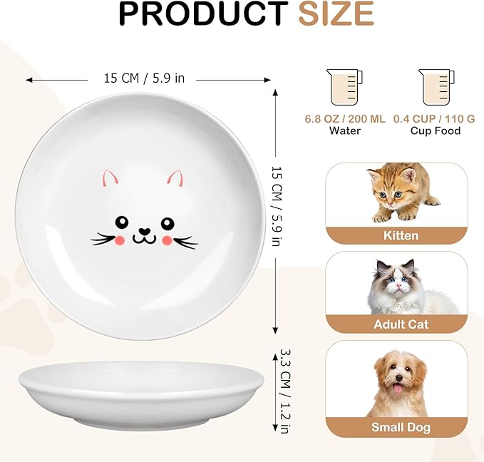 TRUVIC 4 Pack Ceramic Cat Food Bowls, 5.9 Inch Ceramic Cat Dishes Set for Indoor Cats and Small Dogs, Anti Whisker Fatigue Kitten Bowls, Wide Shallow Kitten Plates for Food and Water (Cute Face)
