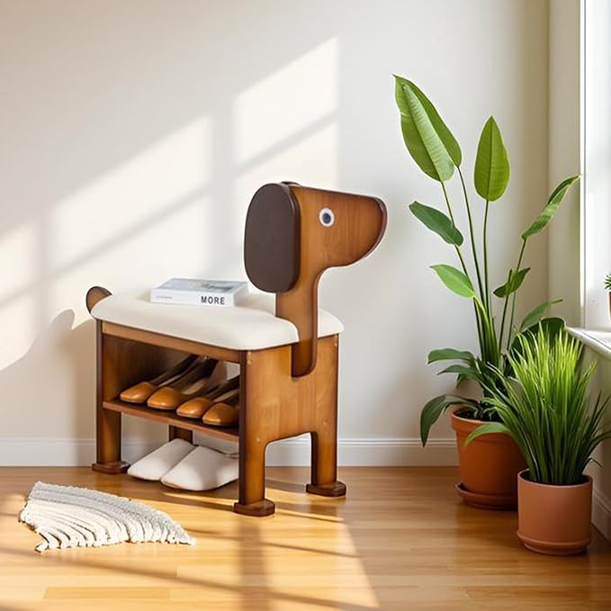 latifolia Puppy Shoe Bench, 2-Tier Solid Wood Entryway Organizer, Cute Pet-Shaped Shoe Bench for Hallway & Living Room(19.68 inch)