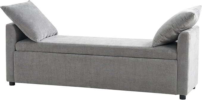 HULALA HOME Modern Storage Bench with Throw Pillows, 59.4" Extra Long Bedroom Ottoman Bench for End of Bed, Comfy Upholstered Footstool for Living Room Dining Room Entryway, Grey
