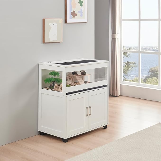 unipaws Hedgehog Cage with Storage Cabinet, Hamster Cage for Rat and Guinea Pigs, Clear Transparent PVC Visual Small Animal Cage with Tray, Hamster Enclosure, White