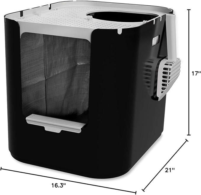 Modkat® XL Litter Box, Top or Front-Entry Configurable, Full Height Seamless Base, Reusable Litter Liners, Sifting Litter Scoop, 2X Bamboo Charcoal Filters - Black