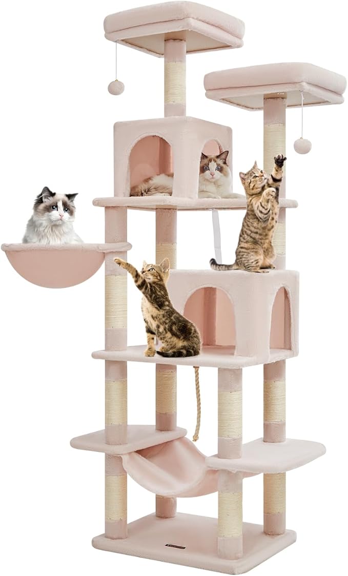 TaoqimiaoCat Tree Cat Tower for Indoor Cats, Plush Multi-Level Cat Condo with 12 Scratching Posts, 2 Perches, 2 Caves, Hammock, 2 Pompoms Jelly Pink