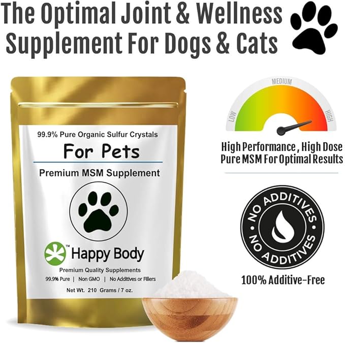 HAPPY BODY Pure MSM Joint Supplement for Dogs, Cats, & Horses – 100% Additive-Free – High Performance, Supports Senior Pets Wellness, Healthy Joints, Mobility, Aches, & Fatigue 7oz - 2 Packs