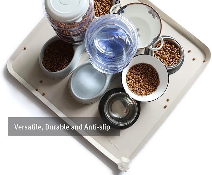 Hoki Found XX-Large Silicone Pet Feeding Mats - Non Slip Dog Cat Bowl Placemats - Waterproof for Carpet - Cream Brown