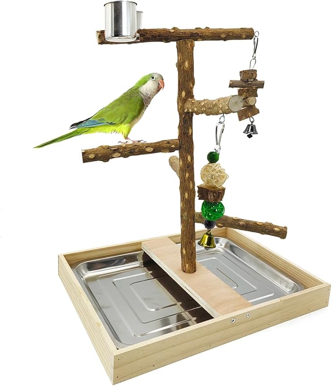 Tfwadmx Bird Perch Natural Wood Stand Toy Parrot Play Stand Platform Bird Cage with Removable Tray and 2 Stainless Steel Cups for Parakeets Canaries Cockatiels Conure Lovebirds
