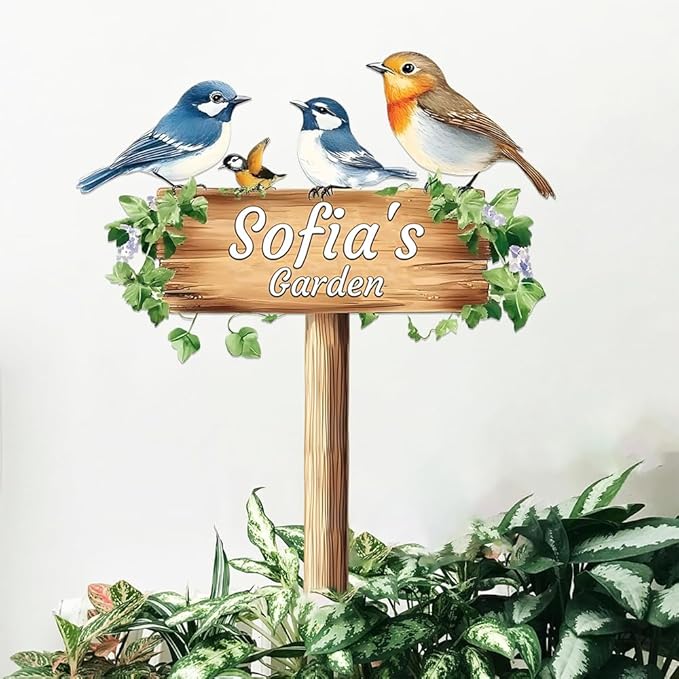 Personalized Colorful Bird Metal Sign with Stake,Custom Gardener Last Name Signs Outdoor Decorate,Customized Garden Accessories Decor for Mother,Birds on the Branch Plaques for Patio Lawn Porch Yard