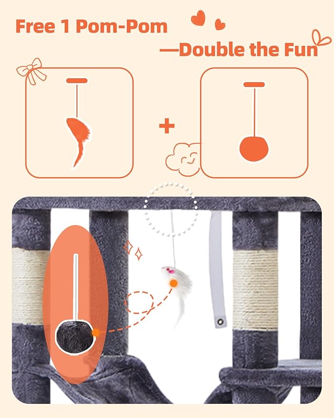 Taoqimiao Cat Tree, 66.2-Inch Cat Tower for Indoor Cats, Plush Multi-Level Cat Condo with 7 Scratching Posts, 2 Perches, 2 Caves, Hammock, 2 Pompoms, Smoky Gray MS013G
