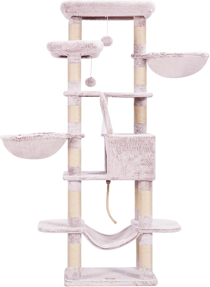 Heybly Cat Tree, 68 inch Multi-Level Cat Tower for Indoor Cats, 2 Widened Plush Perches Cat Condo with Scratching Board and Big Caves, Muchroom HCT025MU