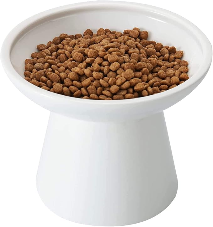 Extra Wide Elevated Ceramic Cat Bowl - 6.2" Shallow Dish for Whisker Fatigue Relief, 5" Height for Easy Feeding, Lead & Cadmium Free, Durable Raised Cat Food Bowls, White