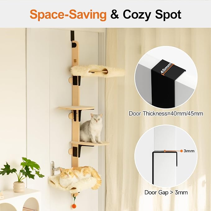 MEWOOFUN Cat Climbing Shelves Tree, 4-Levels Over Door Cat Climber for Jumping, Stable Cat Stairs Hammock for Kittens & Adult Cats (Wooden-65 H x 26.8” L x 13.8” W)