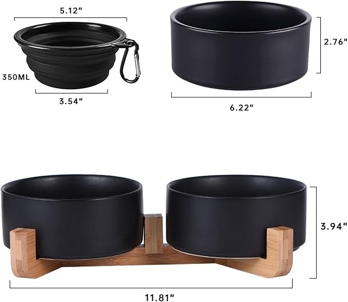 Petygooing Dog Bowls,Black Ceramic Cat Dog Bowl Set with Wood Stand for Food and Water,Non-Slip Cute Modern Pet Dish Set for Cats Small and Medium Dogs (28OZ/6.1 in)