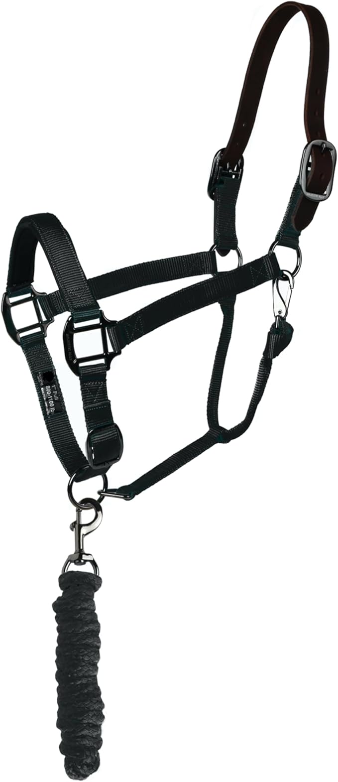 Majestic Ally Leather Halter with Matching Lead Rope for Horses – Leather Breakaway Crown - Adjustable Chin Strap – Rolled Throat Latch – Padded Noseband – Full (Black-Black Nickel, Full)