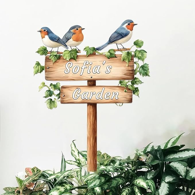 Personalized Bird Metal Sign with Stake,Custom Gardener Last Name Signs Outdoor Decor,Customized Flower Gardening Housewarming Gifts,Birds on the Branch Plaques for Patio Lawn Porch Backyard Farmhouse