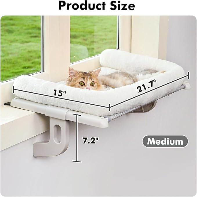 Cat Window Sill Perch with Large Bolster, Easy to Adjust & Assemble Cat Window Seat for Windowsill & Bedside, Pet Hammock Bed for Large Cats and Kittens (White, M)