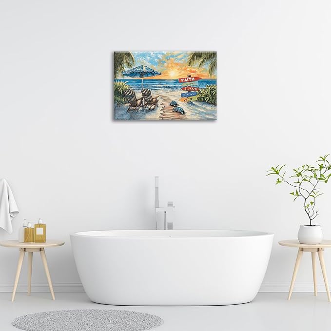 Beach Ocean Bathroom Pictures Wall Art, Seaside Coastal Bathroom Wall Decor, Sunrise Framed Painting Canvas Artwork for Bedroom Living Room Decorations 24"L x 16"W