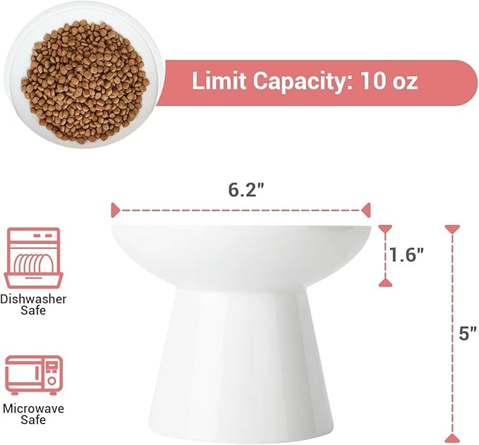 Extra Wide Elevated Ceramic Cat Bowl, 6.2" Shallow Dish for Whisker Fatigue Relief, 5" Height for Easy Feeding, Durable Raised Cat Food Bowls, Pack of 2, White