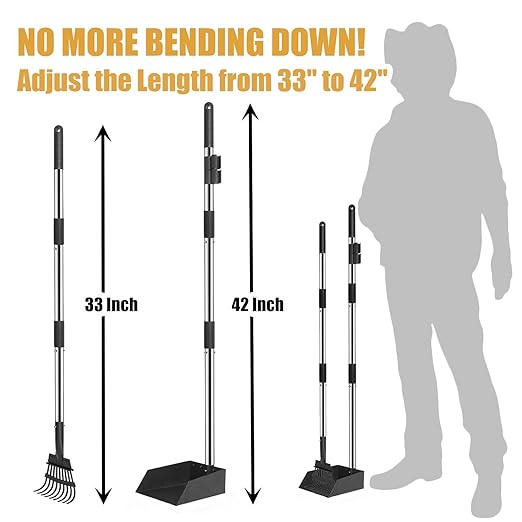 Dog Poop Trash Can Outside Stainless Steel - Metal Pooper Scooper Set - 12L Dog Waste Trash Can Outdoor with Pedal - Backyard, Yard - Removable Inner Bin, Long Handle Tray and Rake - Black and Gold