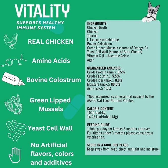Vitality Lickable Cat Treat Pouches for Indoor Cats - All Natural Chicken Puree Tube Treats, Kitten and Senior Soft Wet Cat Treat - Grain Free, Lysine, Taurine; 12 Tubes .05 oz ea.