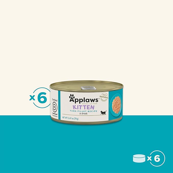 Applaws Natural Wet Kitten Food in Broth, Limited Ingredient Canned Wet Kitten Food, No Additives, Made with Natural Ingredients, Tuna Fillet in Broth (6 x 2.47oz Cans)