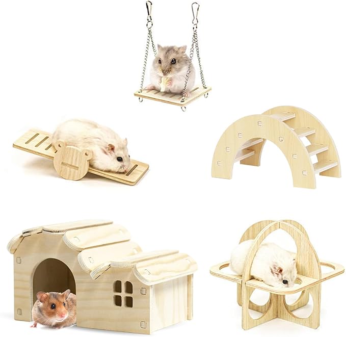 Hamster Toys 5-Piece Set,Hamster House, Swing, Climbing Ladder, Seesaw & Exercise Wheel,Pet DIY Sport Exercise Toys Set, Small Animal Habitat Accessories,Gerbils, Mice(Natural Wood A)