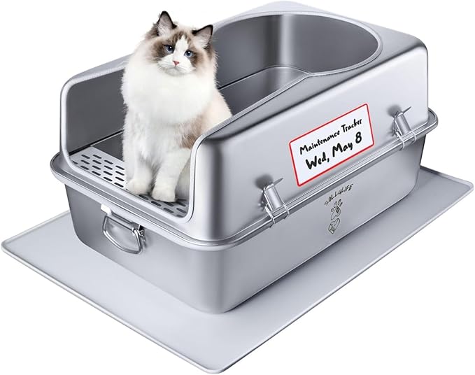 XL Metal Cat Litter Box with Lid – Non-Stick, Odor Control, Stainless Steel, Rust-Resistant, High-Sided – Easy to Clean with Handles, No-Slip Base, Leak-Proof Seal, 5 Clips, Cleaning Tracker