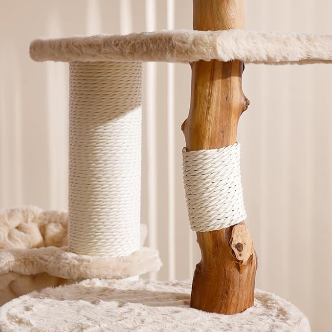 Unique Cat Tree for Indoor Cats,46‘’ Luxury Multifunctional Cat Tower with Natural Wood Scratching Post,Fur Cat Hammock and Viewing Platform,Funny Toy,Comfortable Cat Condo with Stable Cat Base