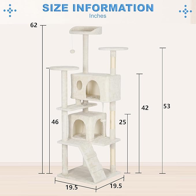 FDW Cat Tree Tower 62in Multi-Level Durable Cat Scratching Post & Cozy Fun Jumping Platform Space Saving Condo Pet Play House for Indoor Cats, Beige