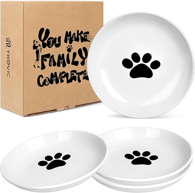 TRUVIC 4 Pack Ceramic Cat Food Bowls, 5.9 Inch Ceramic Cat Dishes Set for Indoor Cats and Small Dogs, Anti Whisker Fatigue Kitten Bowls, Wide Shallow Kitten Plates for Food and Water (Cat's Paw)