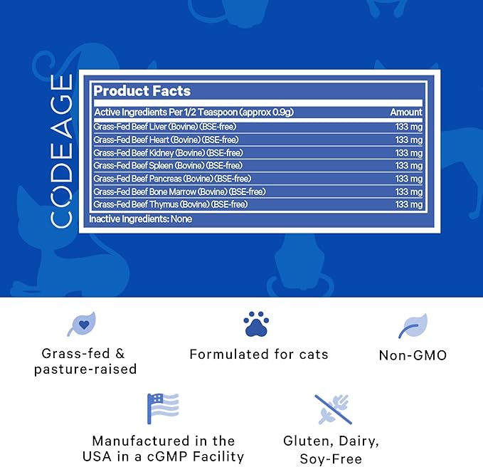 Happy Healthy Organs & Glands Supplement For Cats, Freeze-Dried Raw Bovine Liver Grass-Fed Bone Marrow Heart Kidney Pancreas, Bovine Thymus Iron Multi Organ Powder, Joints Cat Vitamins 1.48 oz