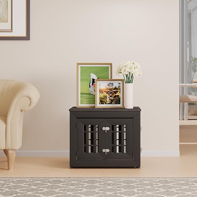 26" Heavy Duty Dog Crate Furniture for Small,Medium and Large Dogs,Rustic Wooden Dog Cage Kennel Indoor Furniture with Waterproof Top,Decorative Pet House Side End Table (Black & Grey)