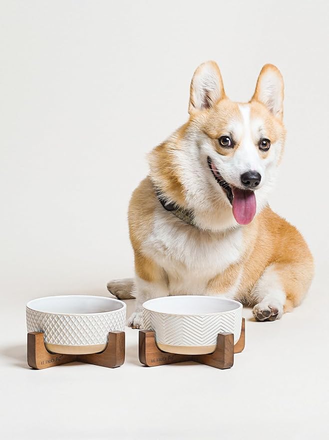 Ceramic Dog Bowl Set, 4 Cups Food and Water Bowl for Medium Small Dogs, Cute Pet Dishes with Wood Stand, Rhombus+Wave Design (Set of 2)