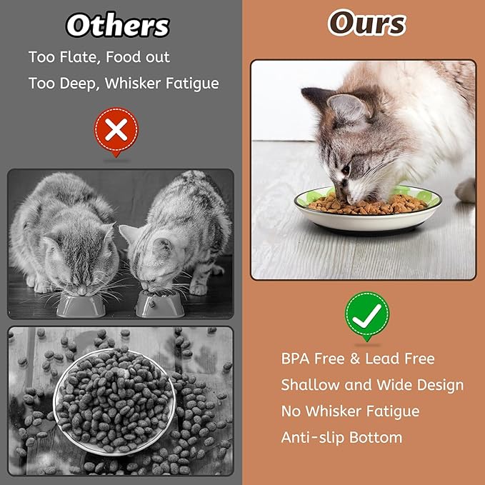 Non-Slip Cat Bowl,Ceramic Cat Food Bowls with Silicone Bottom, Anti-Whisker Fatigue Cats Dishes Set, Shallow & Wide Kitten Plates for Food and Water, 4 Pack