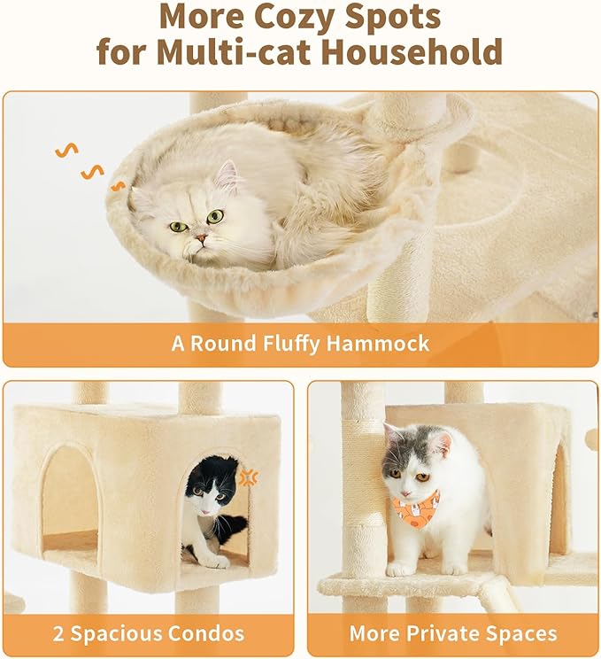 Made4Pets Tall Cat Tree, 80" Cat Tree Tower for Indoor Cats Large Adult, Modern Cat Tower with Scratching Post, Cozy Hammock, 3 Perches and 2 Condos, Sturdy and Fluffy, Beige