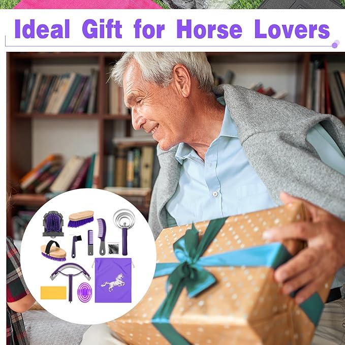 Abbylike 12 Pieces Horse Grooming Kit Racing Festival Tack Room Supplies Horse Brush Sets Equine Care Cleaning Kit Shedding Grooming Massaging Tools(Gray and Purple)