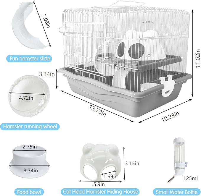 PINVNBY Dwarf Hamster Cage, Small Animal Cages, 2-Tier Travel Portable Mouse Cage Hamster Carrier with Castle House Running Exercise Wheels, Water Bottle and Food Dis(Gray)