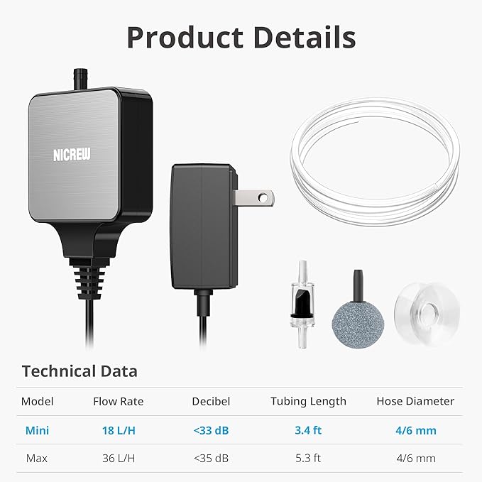 NICREW Nano Silent Aquarium Air Pump Black, Aquarium Aerator with Accessories for Up to 10 Gallon Fish Tank, Super Quiet, 0.3 L/min, 1.5 Watts