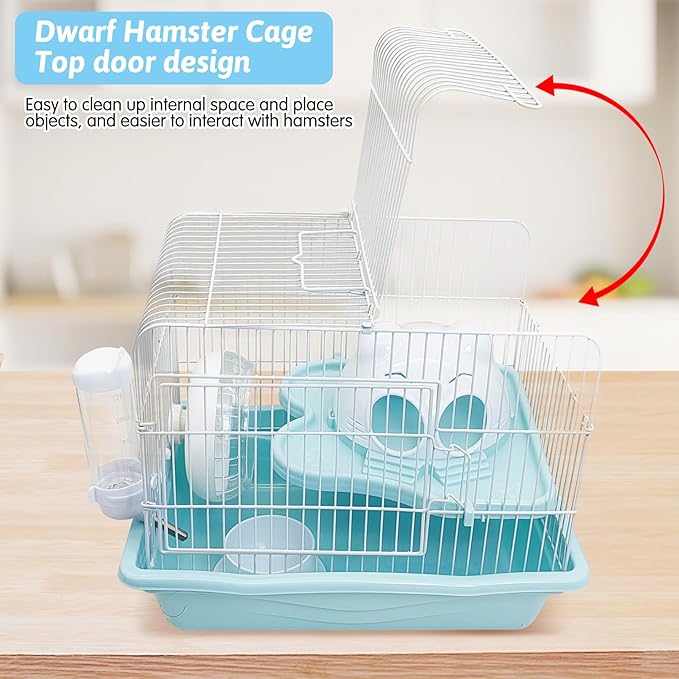 PINVNBY Dwarf Hamster Cage, Small Animal Cages, 2-Tier Travel Portable Mouse Cage Hamster Carrier with Castle House Running Exercise Wheels, Water Bottle and Food Dis(Blue)