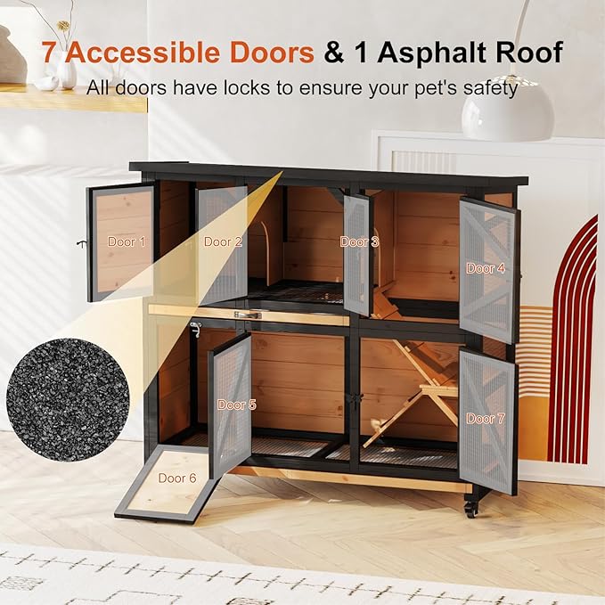 47.3" Two Story Rabbit Cage Bunny Cage Indoor, Wooden Rabbit Hutch Hamster Cages for Small Animals, Outdoor Guinea Pig Cages with Wheels & 2 Removable Trays & Bottom Wire Mesh