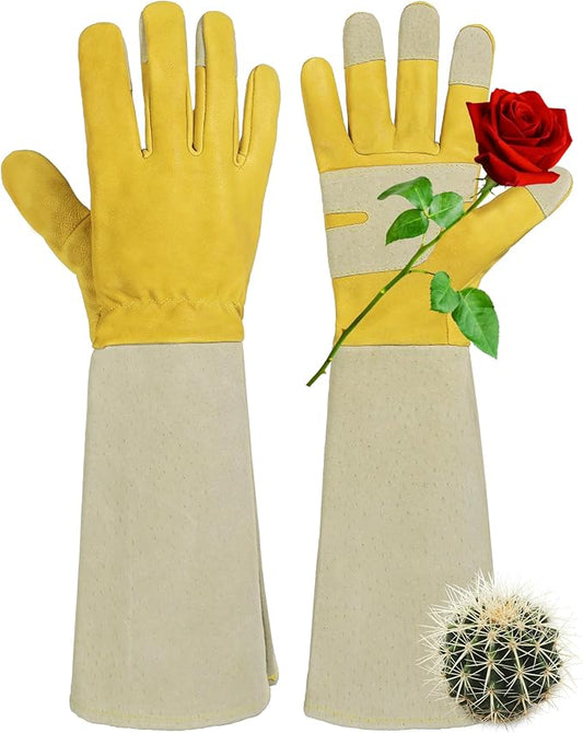 HANDLANDY Rose Pruning Gardening Gloves for Men Women, Thorn Proof Forearm Protection Leather Garden Gloves, Gardening Gifts for Gardeners (Yellow- goatskin, Medium (Pack of 1))