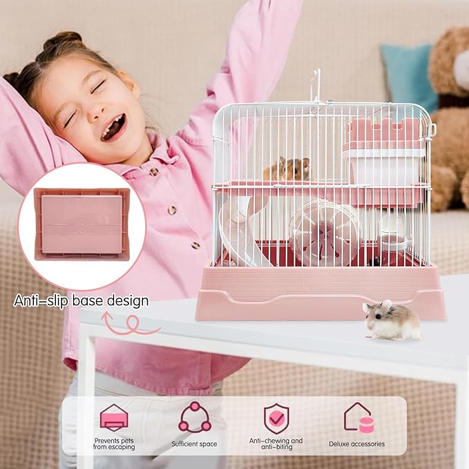 PINVNBY 2-Tier Dwarf Hamster Cage, Travel Portable Mouse Cage Gerbil Cages and Habitats Small Animal Carrier with Castle House Running Exercise Wheels, Water Bottle and Food Dis