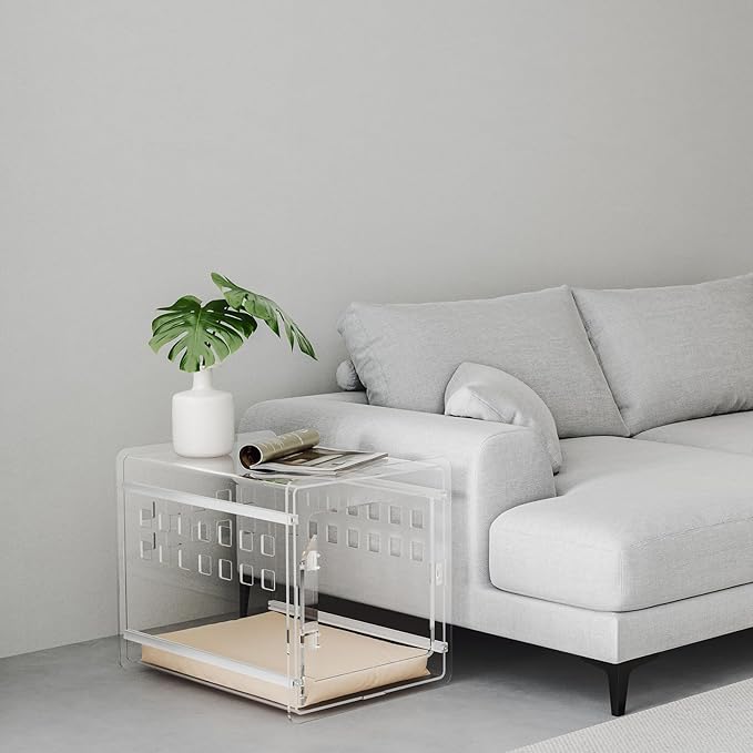 Sumerflos Clear Acrylic Dog Crate - Modern Dog Kennel Furniture, Indoor End Table Dog Crate Lockable Ventilated for Most Small Dog Cat Pet, 24.05" L x 17.99" W x 20" H