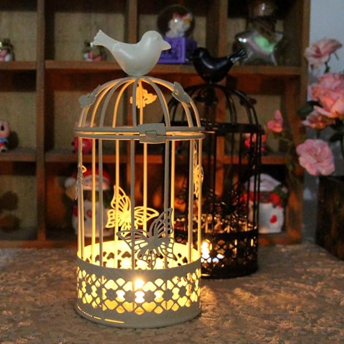 Vintage Decorative Bird Cage,Metal White Bird Cage Decor for Candelabros para Centros De Mesa & Lanterns Decorative Indoor Suitable Wedding Party, Dining Table,Fireplace Metal Lantern&Bird Cage Decor