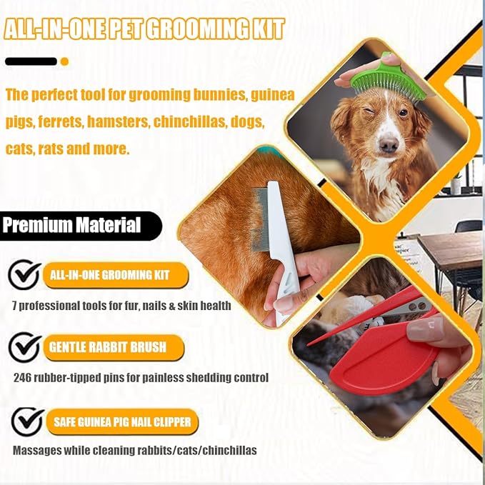 Rabbit Grooming Kit โ Bunny Grooming Kit with Shedding Brush, Nail Clippers & Comb โ Small Animal Grooming Supplies for Rabbits, Guinea Pigs, Hamsters, Ferrets - Small Pet Shedding & Care (Pink)